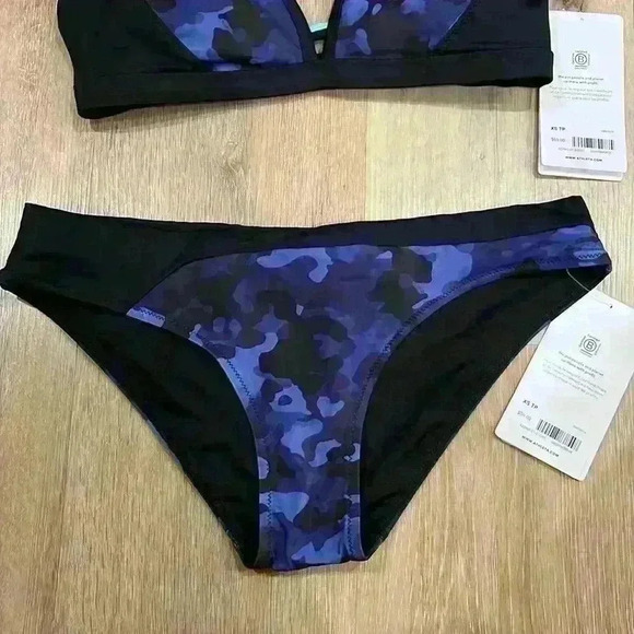 Athleta freestyle camo bikini swimsuit top and bottom blue black print - Picture 3 of 6